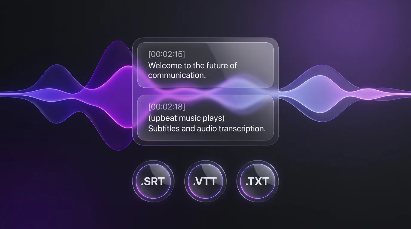 Eine leuchtende, violett-blaue Tonwelle verläuft auf dunklem Hintergrund hinter einem transparenten Fenster mit Untertiteln. Der Text im Fenster lautet: „[00:02:15] Welcome to the future of communication.“ sowie darunter „[00:02:18] (upbeat music plays) Subtitles and audio transcription.“. Unterhalb des Fensters befinden sich drei runde Schaltflächen mit den Aufschriften „.SRT“, „.VTT“ und „.TXT“.