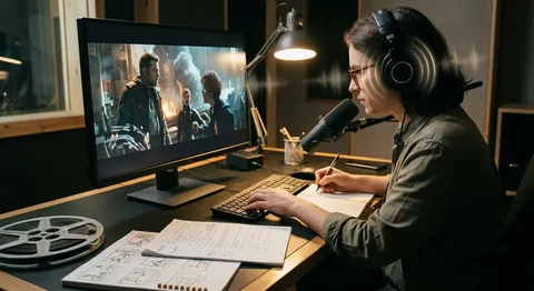 Eine Person mit Kopfhörern und Brille sitzt an einem Schreibtisch vor einem großen Monitor, auf dem eine Filmzene läuft. Sie schreibt mit einem Stift in ein Notizbuch, tippt auf einer Tastatur und hat ein Mikrofon vor sich. Auf dem Tisch liegen ein Storyboard, Skripte und eine Filmspule, während eine visuelle Tonwelle vom Bildschirm zu den Kopfhörern verläuft.