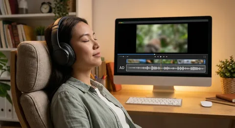 Eine Frau sitzt entspannt mit geschlossenen Augen und Over-Ear-Kopfhörern in einem Sessel vor einem Computerbildschirm. Auf dem Bildschirm ist ein Videobearbeitungsprogramm oder -player zu sehen, der ein Video und eine separate Audiospur mit der Beschriftung 