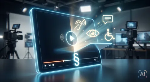 in leuchtendes Tablet in einem Videoproduktionsstudio zeigt einen Videoplayer. Aus dem Bildschirm 'platzen' leuchtende Symbole für Barrierefreiheit heraus (Ohr für Hören, Auge für Sehen, Sprechblase für Untertitel, Rollstuhlfahrer), während ein Paragraphenzeichen (§) prominent auf der Zeitleiste des Players platziert ist. Im Hintergrund sind unscharf Kameras und Scheinwerfer zu sehen. Ein kleines KI-Icon befindet sich in der Ecke.