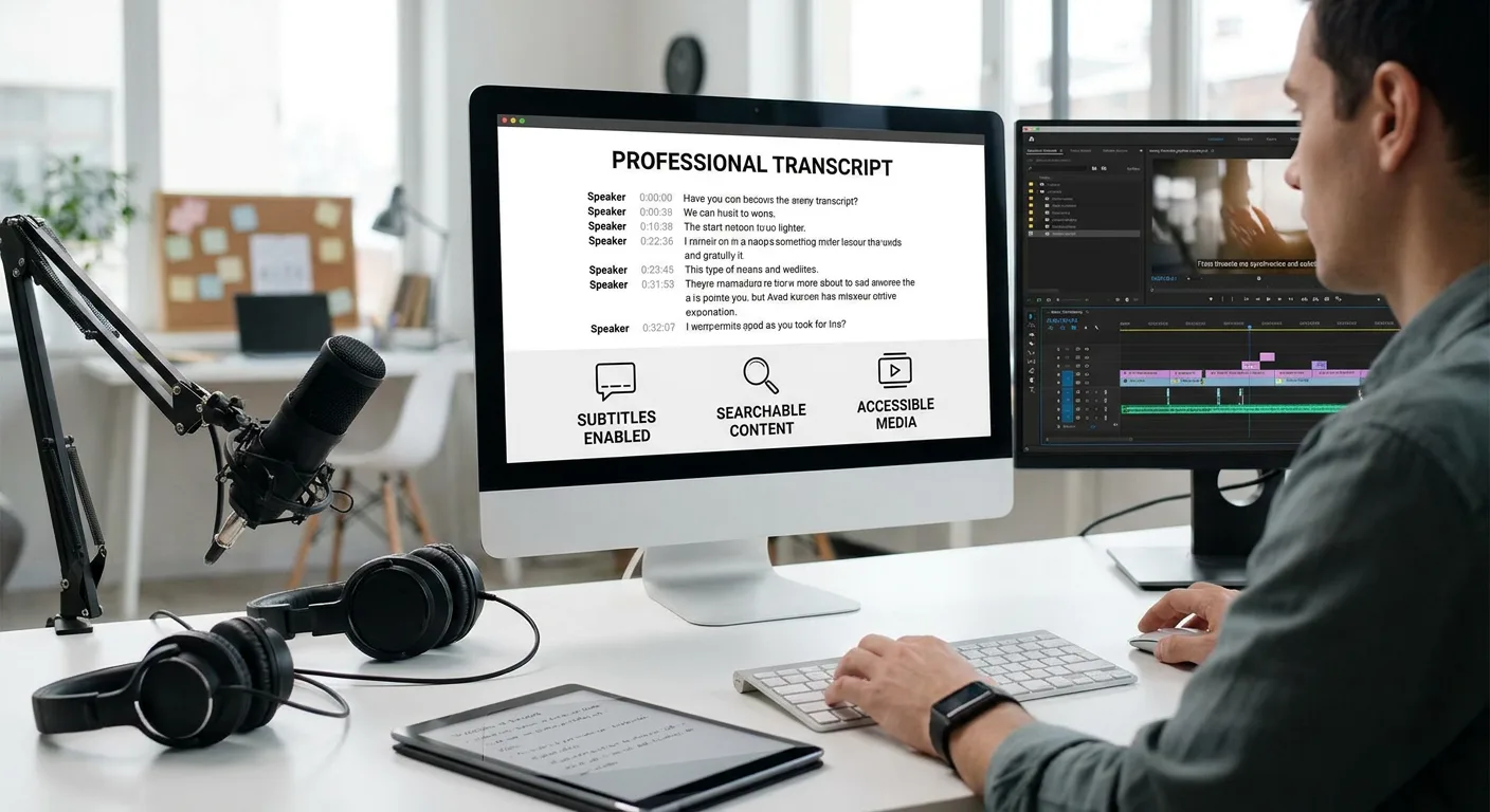 Ein Mann sitzt von hinten gesehen an einem Schreibtisch vor zwei Computermonitoren, auf dem ein Mikrofon, Kopfhörer und ein Tablet liegen. Der Hauptbildschirm zeigt ein Dokument mit der Überschrift „PROFESSIONAL TRANSCRIPT“ sowie drei Funktionsfelder mit den Beschriftungen „SUBTITLES ENABLED“, „SEARCHABLE CONTENT“ und „ACCESSIBLE MEDIA“. Auf dem zweiten Monitor ist eine Videobearbeitungssoftware geöffnet.