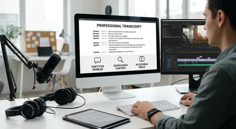 Ein Mann sitzt von hinten gesehen an einem Schreibtisch vor zwei Computermonitoren, auf dem ein Mikrofon, Kopfhörer und ein Tablet liegen. Der Hauptbildschirm zeigt ein Dokument mit der Überschrift „PROFESSIONAL TRANSCRIPT“ sowie drei Funktionsfelder mit den Beschriftungen „SUBTITLES ENABLED“, „SEARCHABLE CONTENT“ und „ACCESSIBLE MEDIA“. Auf dem zweiten Monitor ist eine Videobearbeitungssoftware geöffnet.