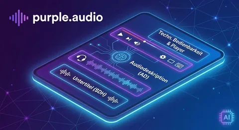 Eine digital gestaltete Grafik zeigt ein leuchtendes Tablet in schräger Perspektive vor einem violetten, vernetzten Hintergrund mit dem Schriftzug „purple.audio“ oben links. Auf dem Bildschirm befinden sich verschiedene Neon-Bedienelemente mit den Aufschriften „Techn. Bedienbarkeit & Player“, „Audiodeskription (AD)“ neben einem Kopfhörer- und Tonspursymbol sowie „Untertitel (SDH)“. Unten rechts befindet sich ein blaues Mikrochip-Symbol mit der Aufschrift „AI“.